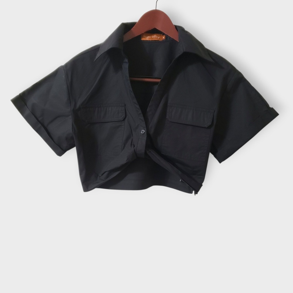 Beige Botany Twist Knot Cropped Utility Shirt Black Size Medium Minimalist,